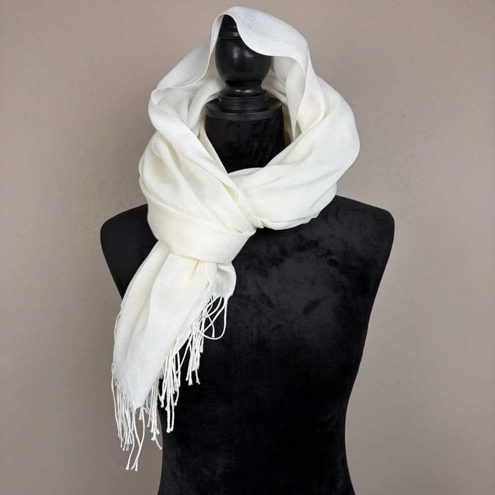 Off White Cream Pashmina Scarf Wrap Shawl Gauze Lightweight Tassel Fringe Solid